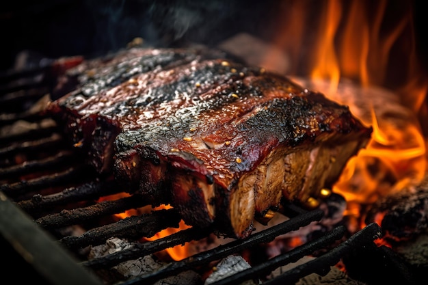 Una parrilla de barbacoa con una barbacoa ahumada al fondo