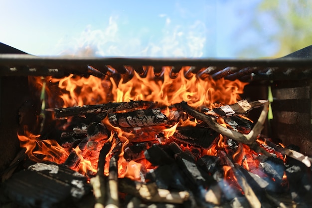 Parrilla de barbacoa de carbón quemado negro fuego natural