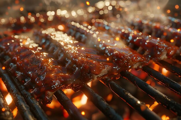 Una parrilla de barbacoa cargada con estantes de costillas slather