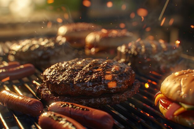 Foto una parrilla de barbacoa cargada con hamburguesas chisporroteantes y