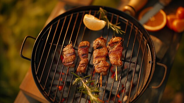 Foto una parrilla de barbacoa con carne y verduras