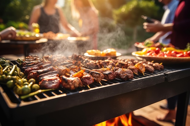 Parrilla de barbacoa durante la fiesta en el patio trasero con borrón