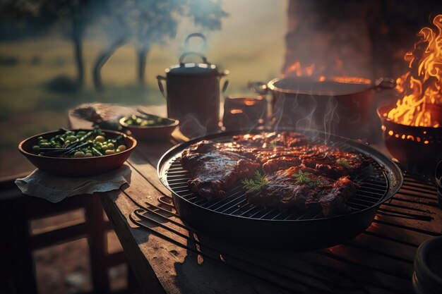 Parrilla de barbacoa con fuego al aire libre Generación de IA