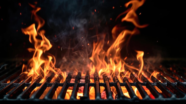 Foto parrilla de barbacoa con llamas de fuego cuadrícula de fuego vacía en fondo negro