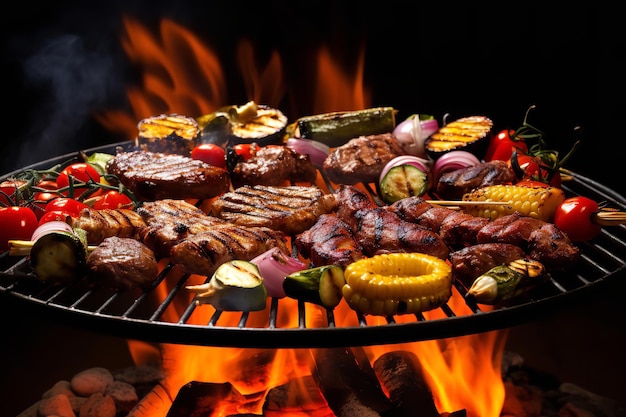 Parrilla de barbacoa llameante cargada con carnes variadas y verduras