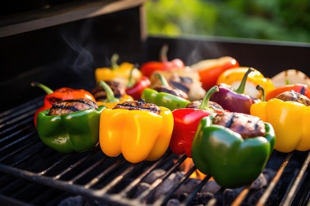 Parrilla de barbacoa llena de coloridos pimientos rellenos