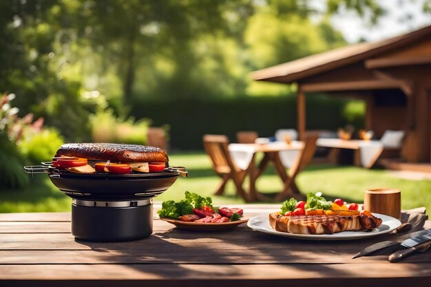 Foto una parrilla de barbacoa con un perrito caliente y verduras en ella