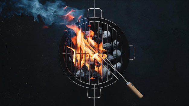 Foto parrilla de barbacoa vacía caliente con fuego ardiente brillante, brasa de carbón y humo sobre fondo negro