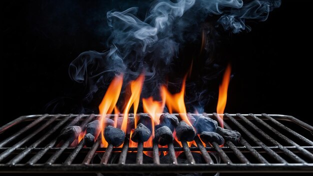 Foto parrilla de barbacoa vacía caliente con fuego ardiente brillante, brasa de carbón y humo sobre fondo negro