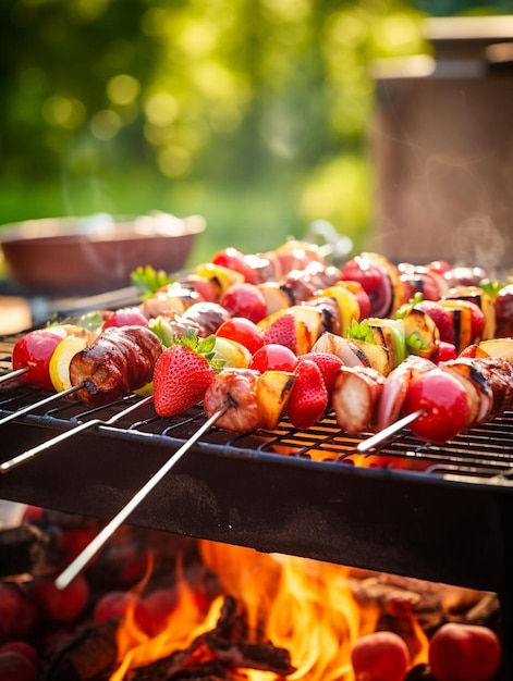 Una parrilla de barbacoa con una variedad de alimentos en ella