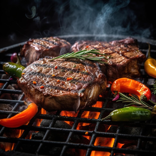 Una parrilla con bistecs y verduras.