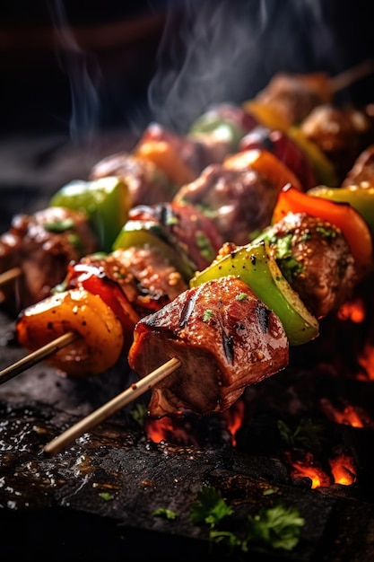 Una parrilla con brochetas de carne