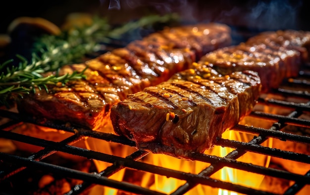 Una parrilla con carne y una hoja verde a la parrilla.