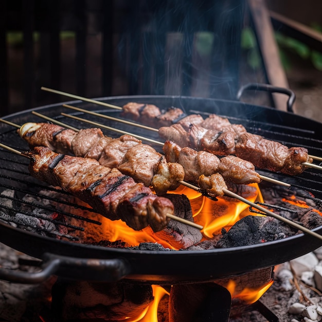 Una parrilla con carne y llamas a la parrilla.