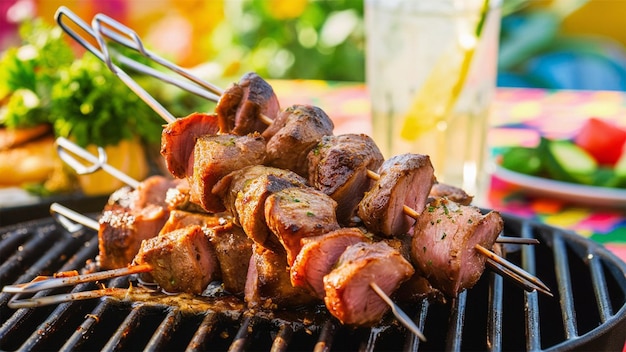 una parrilla con carne y un vaso de agua en ella