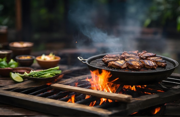 una parrilla con carne y verduras cocinando en ella