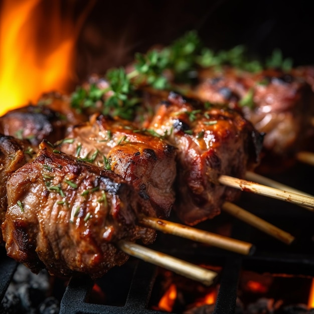 una parrilla con carne y verduras cocinando en ella.