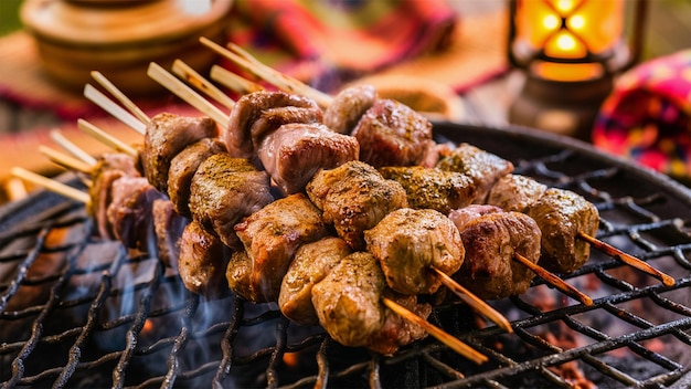 una parrilla con carne y verduras en ella