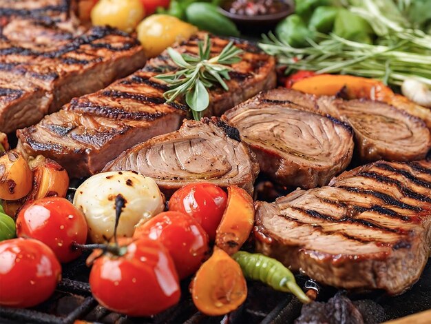 una parrilla con carne, verduras y tomates