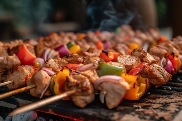 Una parrilla con carne y verduras.