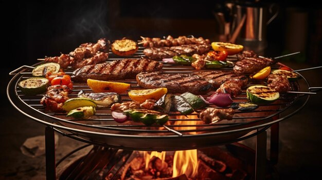 Una parrilla con carne y verduras.