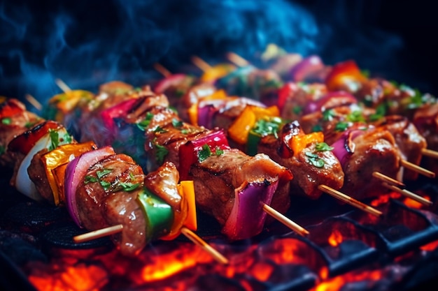 Una parrilla con carne y verduras.