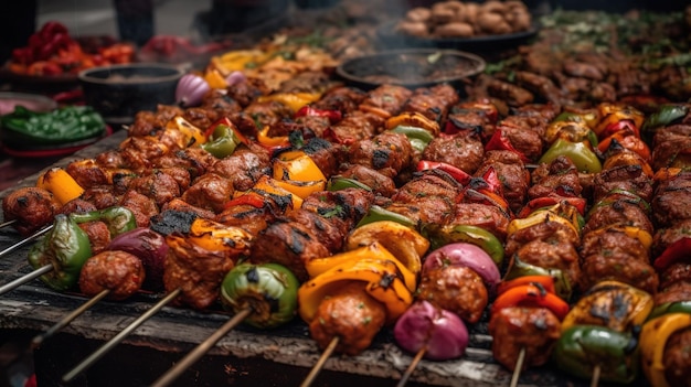 Una parrilla con carne y verduras.