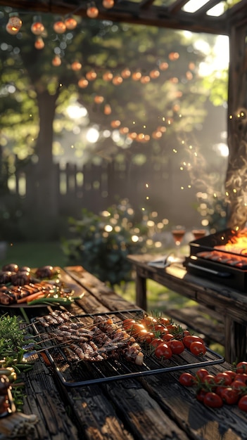 Foto una parrilla con comida en ella y una botella de vino en el fondo