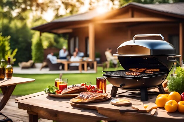 Foto una parrilla con comida y gente sentada en el fondo.