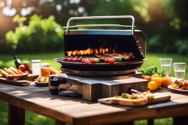 una parrilla con comida y un vaso de vino en la mesa.