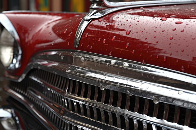 Parrilla cromada brillante de autos retro con gotas de agua creadas con ai generativo