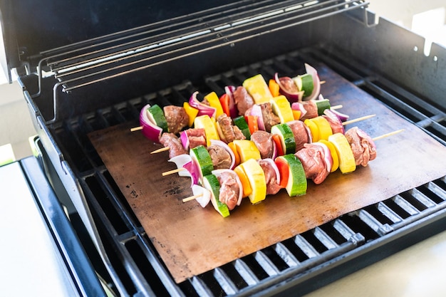 La parrilla deleita la carne y las verduras chisporroteando en el horno