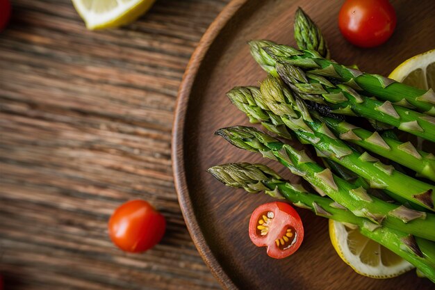 Foto parrilla de espárragos con limón y tomate en un plato sobre un fondo de madera blanca