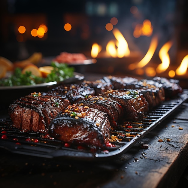 una parrilla con filetes y un fuego en el fondo.