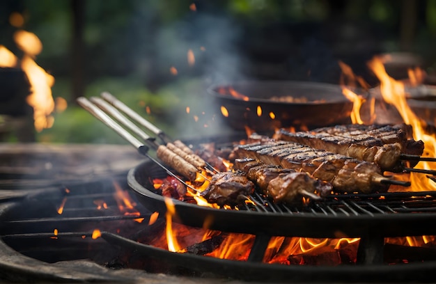 una parrilla con filetes y un tenedor en ella y una horquilla