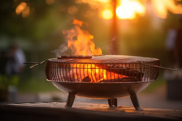 Parrilla con fuego al aire libre Fondo de verano borroso Ilustración generativa de AI