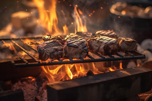 A la parrilla carne en un plato con un fuego en el antecedentes. generado  por ai 32233517 Foto de stock en Vecteezy