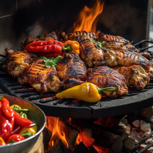 Una parrilla con fuego de fondo y una parrilla de pollo con un pimiento amarillo encima.