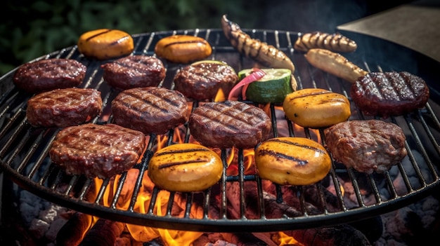 Una parrilla con hamburguesas y otros alimentos