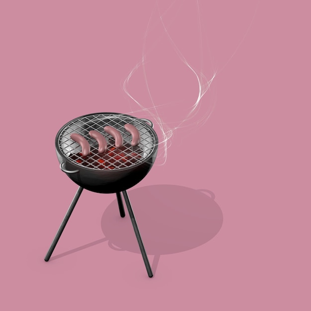 Parrilla con humo sobre un fondo rosa con cuatro salchichas Ilustración 3D Representación 3D