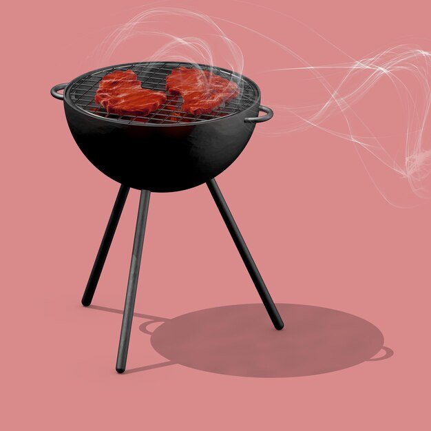 Parrilla con humo sobre un fondo rosa con dos filetes jugosos. Ilustración 3D, representación 3D