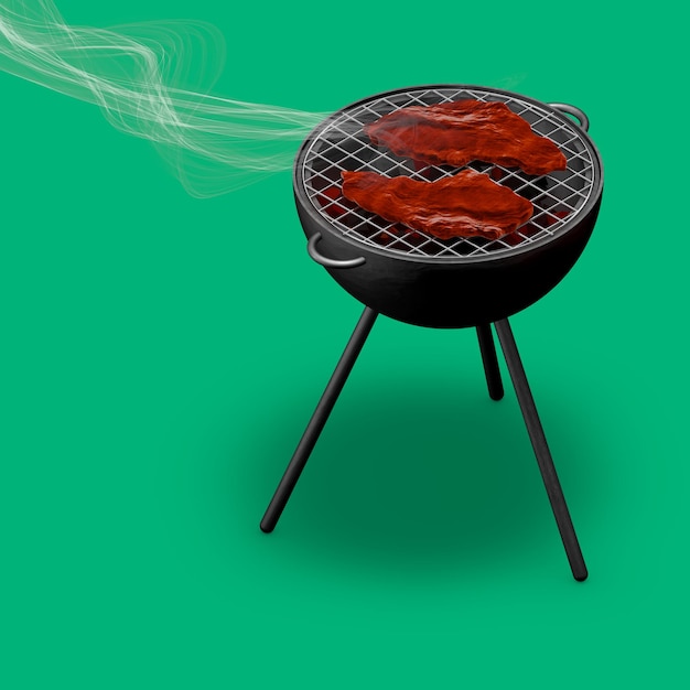 Parrilla con humo sobre un fondo verde con dos filetes jugosos. Ilustración 3D, representación 3D