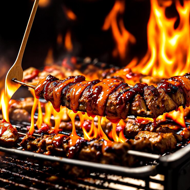Una parrilla con una llama y una parrilla de barbacoa con una parrilla de barbacoa.