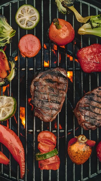 Parrilla llena de carnes perfectamente asadas y verduras de colores papel tapiz móvil vertical