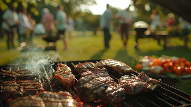 Foto una parrilla negra con carne y verduras en ella personas en el fondo borroso divirtiéndose en una fiesta al aire libre en un día soleado