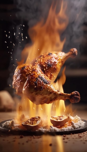 Una parrilla con un pollo y la palabra pollo a la parrilla