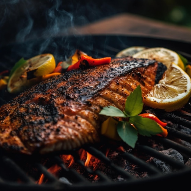 Una parrilla con un salmón y una llama a la parrilla.