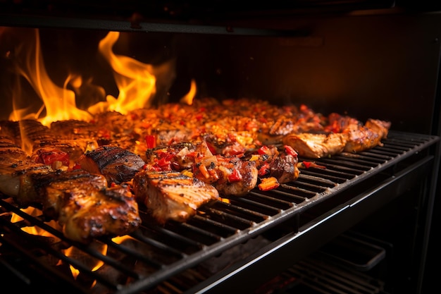 Una parrilla con una variedad de carnes y verduras a la parrilla