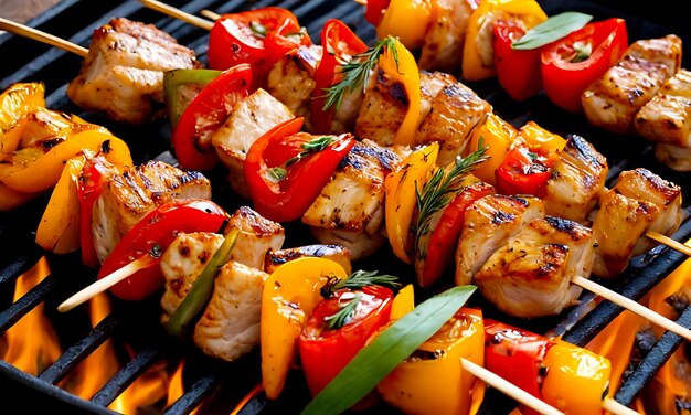 una parrilla con una variedad de diferentes tipos de alimentos, incluidos tomates y pimientos de pollo a la parrilla