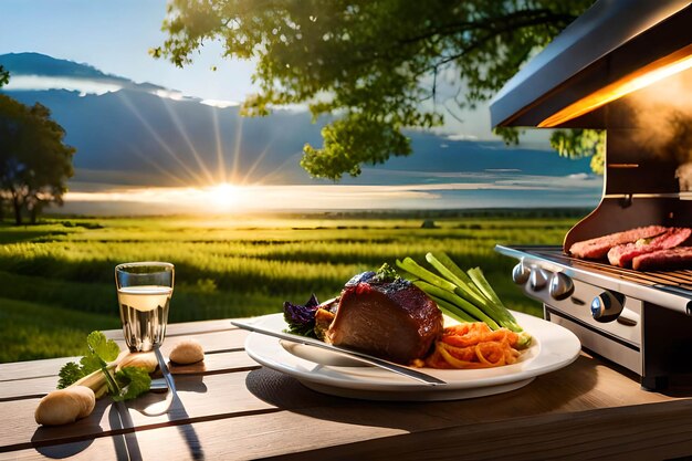 Una parrillada con vista a un lago y montañas al fondo